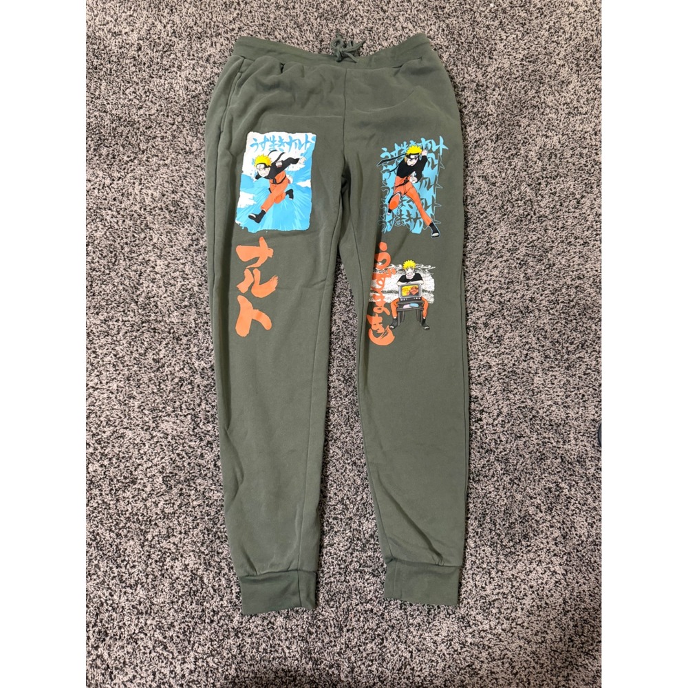 Naruto Shippuden Jogger Sweatpants Mens Medium Anime Graphic Olive Green Pants